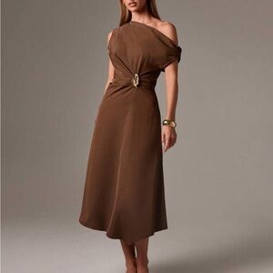 Brown ruched asymmetrical gold appliqué detail off shoulder midi dress